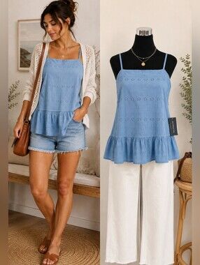 Free People Eyelet Embroidered Peplum Cami Top Size S Boho Cottagecore Cotton